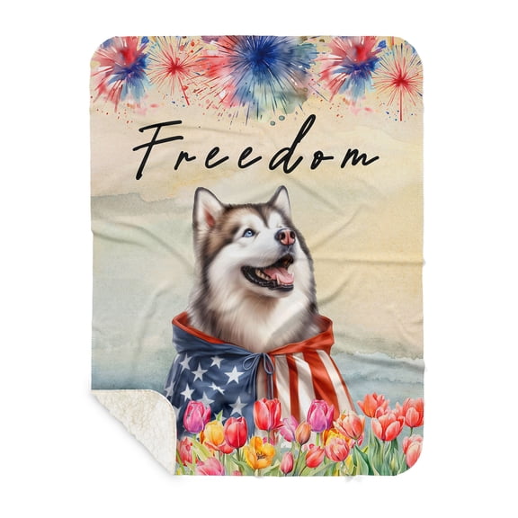 Freedom Alaskan Malamute on Independence Day 4th of July Cozy Sherpa Blanket Alaska Mal Dog Lovers Gifts Warm Soft Throw Blanket - 01005