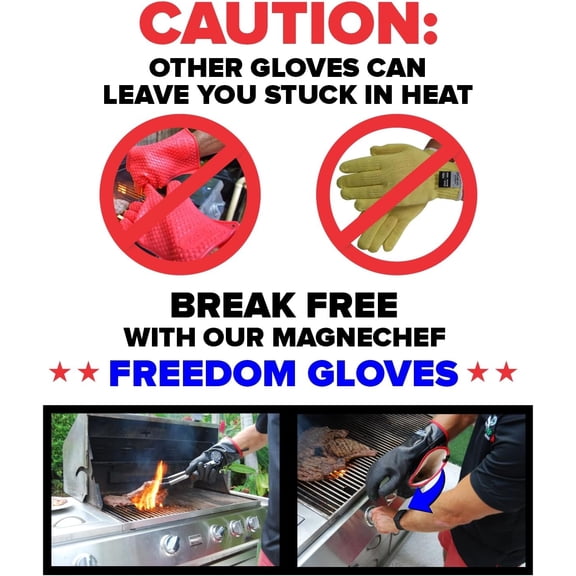 Freedom BBQ Gloves 932 ° F Heat Rated Magnetic  On Off Safety Clips Waterproof for Grills Smokers Fryers Ovens (14")