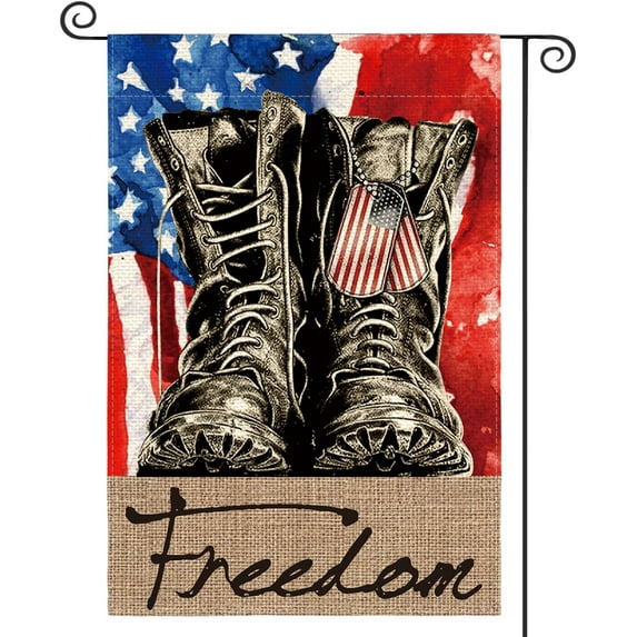 Freedom Boots Garden Flag 12x18 Inch Double Sided, Patriotic 4th of July Independence Memorial Day Veteran Soldier Yard Outdoor Decoration