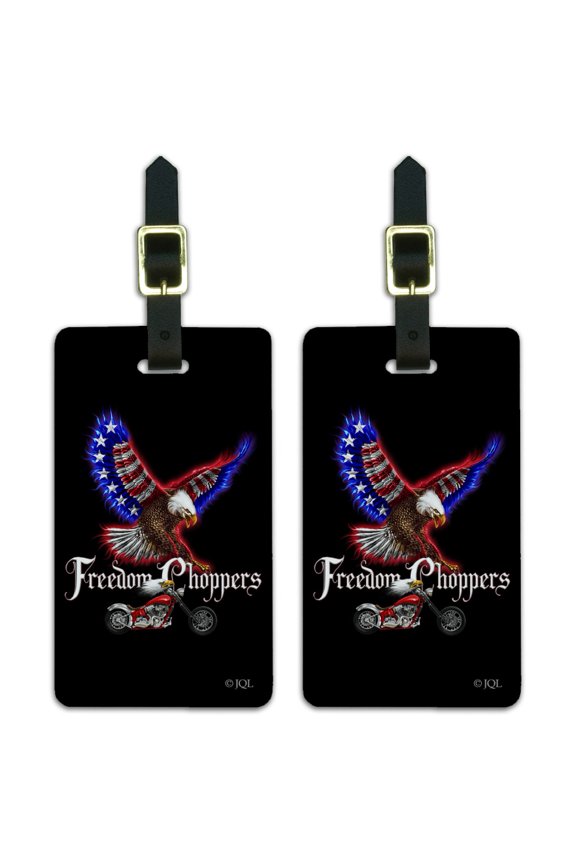 Freedom Choppers Motorcycle Patriotic American Flag Eagle Bike Luggage ID Tags Suitcase Carry-On Cards - Set of 2
