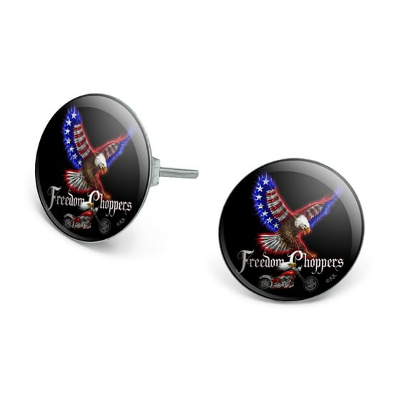 Freedom Choppers Motorcycle Patriotic American Flag Eagle Bike Novelty Silver Plated Stud Earrings
