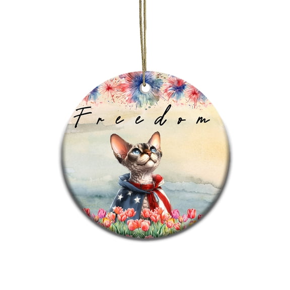 Freedom Devon Rex on Independence Day 4th of July Ceramic Round Ornament Cat Lover Kitten Owner Gifts Home Tree Decor - 01005