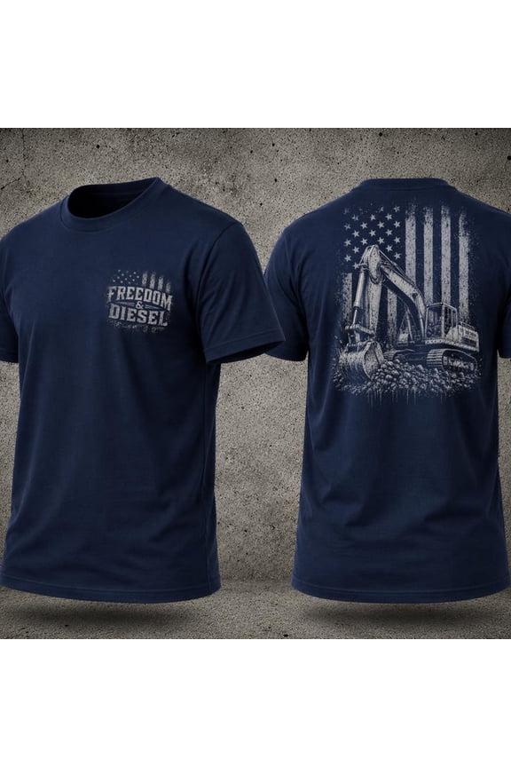 Freedom Diesel Excavator Operator T-Shirt, Patriotic Heavy Equipment Tee, Construction Worker Gift, Blue Collar Workwear Shirt