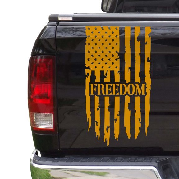 Freedom Distressed American USA US Flag Truck Tailgate Vinyl Decal Sticker fits most Pickup Trucks U.S. Decal for Liberty, Independence, Autonomy, Self-determination (11" x 20", Golden Yellow)