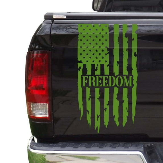 Freedom Distressed American USA US Flag Truck Tailgate Vinyl Decal Sticker fits most Pickup Trucks U.S. Decal for Liberty, Independence, Autonomy, Self-determination (11" x 20", Lime-Tree Green)