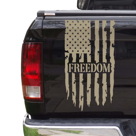 Freedom Distressed American USA US Flag Truck Tailgate Vinyl Decal Sticker fits most Pickup Trucks U.S. Decal for Liberty, Independence, Autonomy, Self-determination (11" x 20", Beige)