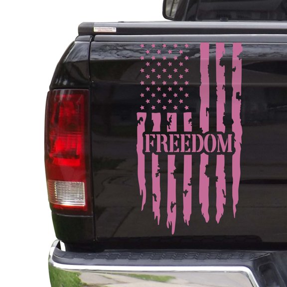 Freedom Distressed American USA US Flag Truck Tailgate Vinyl Decal Sticker fits most Pickup Trucks U.S. Decal for Liberty, Independence, Self-determination, Autonomy (11" x 20", Soft Pink)