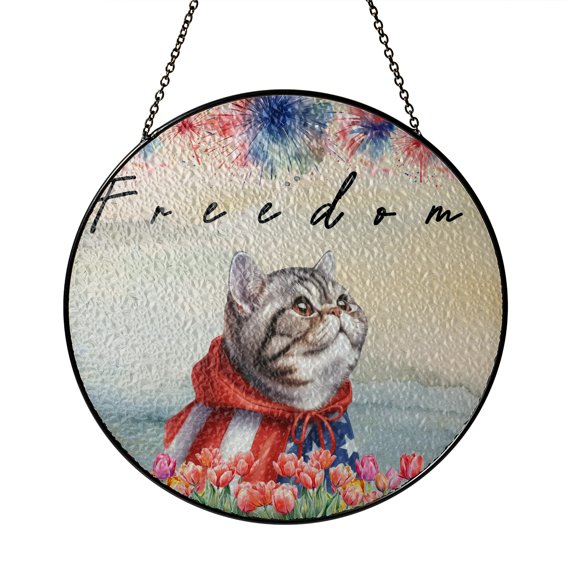 Freedom Exotic Shorthair on Independence Day 4th of July Stained Glass Suncatcher Cat Lover Kitten Owner Gifts Window Hanging Sign Decor - 01005