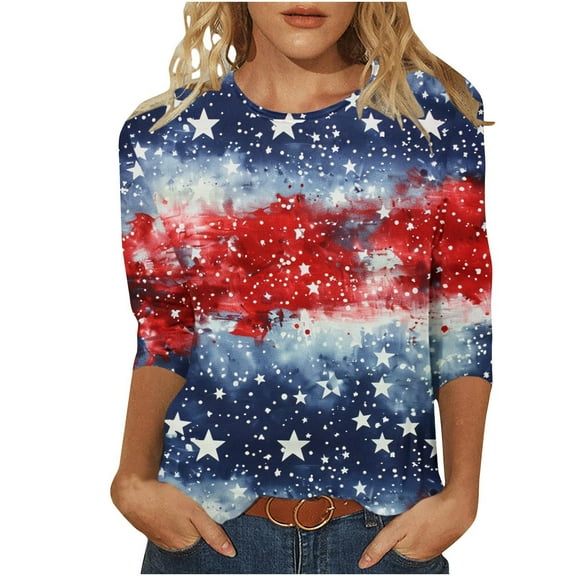 Freedom the Family American Flag Shirts Womens 3/4 Sleeve Tops Plus Size Independence Day Round Neck Tunic Shirt Fashion Flag Star Stripes Graphic Tees Memorial Day Patriotic Tshirts Clothes