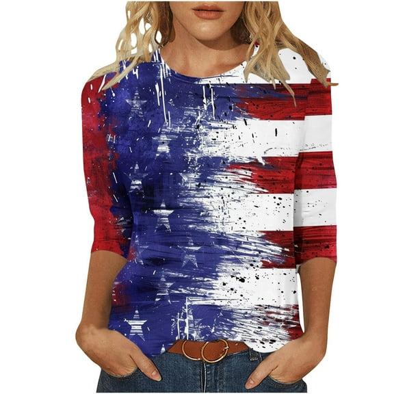 Freedom the Family American Flag Shirts Womens 3/4 Sleeve Tops Plus Size Independence Day Round Neck Tunic Shirt Fashion Flag Star Stripes Graphic Tees Memorial Day Patriotic Tshirts Clothes