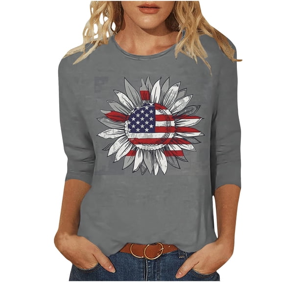 Freedom the Family American Flag Shirts Womens 3/4 Sleeve Tops Plus Size Independence Day Round Neck Tunic Shirt Fashion Flag Star Stripes Graphic Tees Memorial Day Patriotic Tshirts Clothes