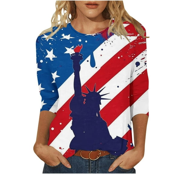 Freedom the Family American Flag Shirts Womens 3/4 Sleeve Tops Plus Size Independence Day Round Neck Tunic Shirt Fashion Flag Star Stripes Graphic Tees Memorial Day Patriotic Tshirts Clothes