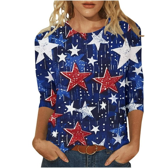 Freedom the Family American Flag Shirts Womens 3/4 Sleeve Tops Plus Size Independence Day Round Neck Tunic Shirt Fashion Flag Star Stripes Graphic Tees Memorial Day Patriotic Tshirts Clothes