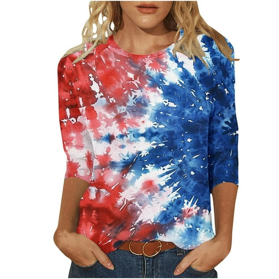 Freedom the Family American Flag Shirts Womens 3/4 Sleeve Tops Plus Size Independence Day Round Neck Tunic Shirt Fashion Flag Star Stripes Graphic Tees Memorial Day Patriotic Tshirts Clothes