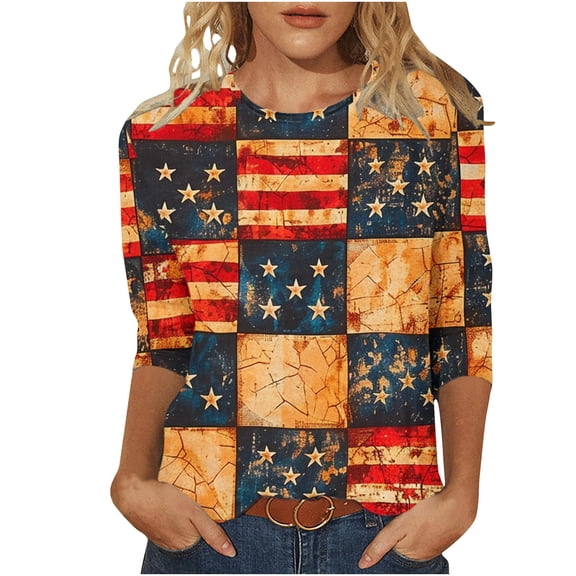 Freedom the Family American Flag Shirts Womens 3/4 Sleeve Tops Plus Size Independence Day Round Neck Tunic Shirt Fashion Flag Star Stripes Graphic Tees Memorial Day Patriotic Tshirts Clothes