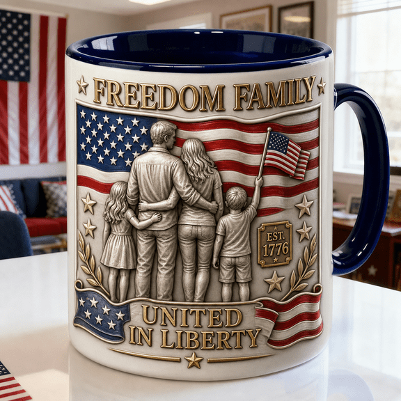 Freedom Family Mug 3D Effect Patriotic Coffee Cup for Memorial Day and July 4th