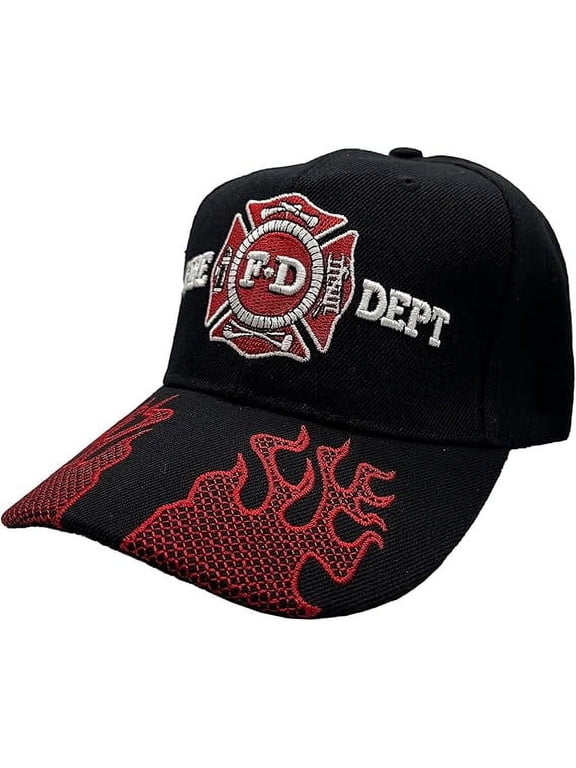 Firefighter Fire Department Baseball Cap w/ Embroidered Flames – Adjustable Structured 6-Panel Baseball Cap