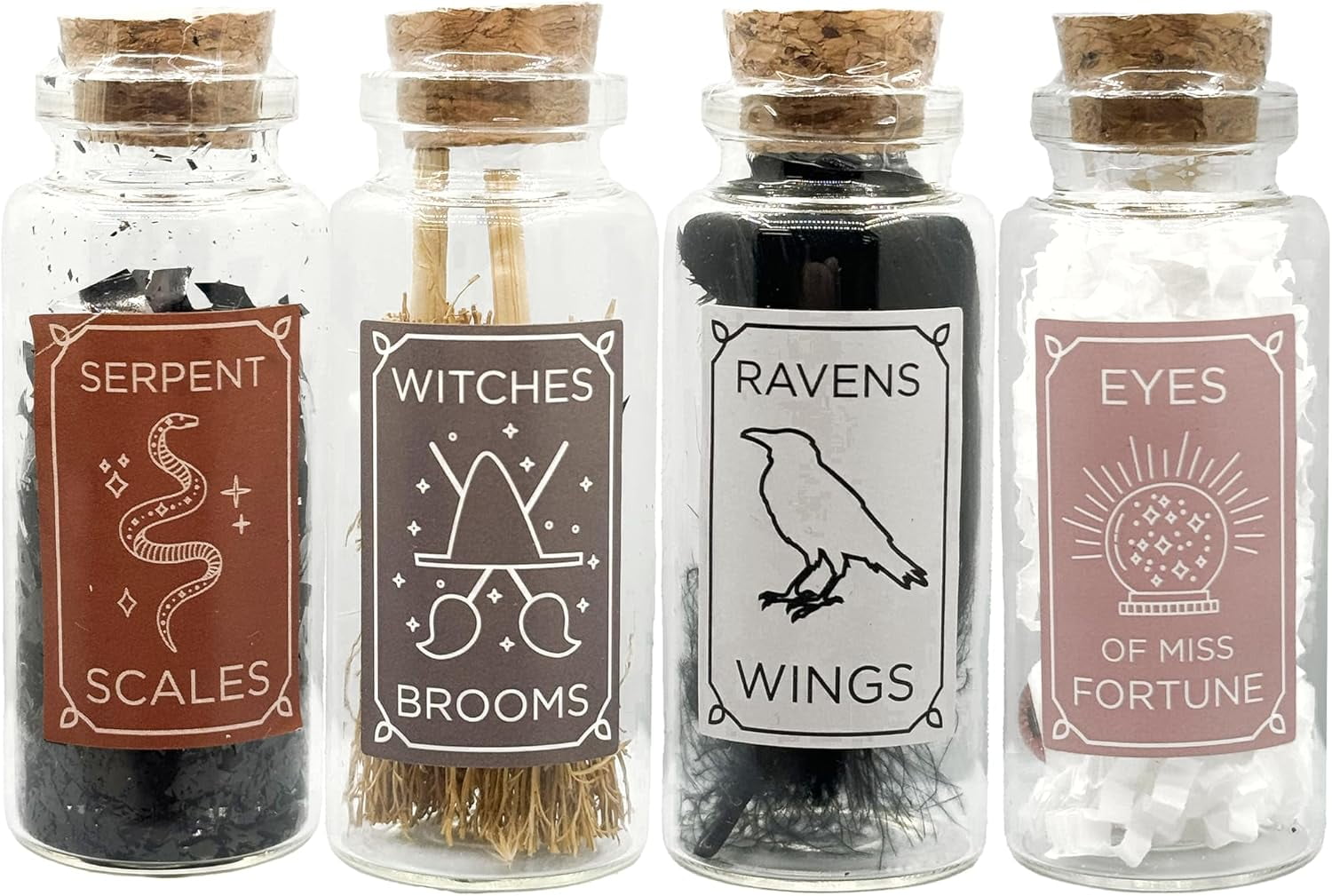 Freedom Farms Halloween Mini Potion Bottle Set, Filled with Eyes, Snake Scales, Raven Feathers and Eyeballs Decorations, Set of 4