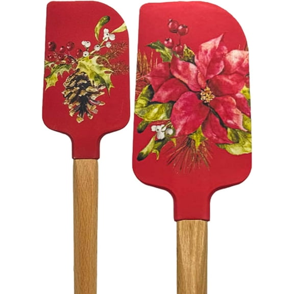 Freedom Farms Silicone Spatulas w/Conversion Chart, Set of 2, Holiday Xmas Christmas Gift for Mom Cooking Baking Mixing Flipping Housewarming Cookware Winter Holiday Theme (Poinsettia)