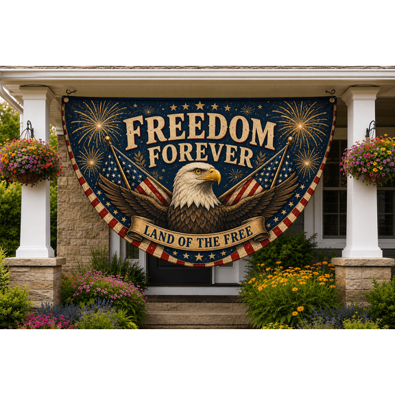 Freedom Forever Semicircle Flag Patriotic Eagle Porch Banner for July 4th