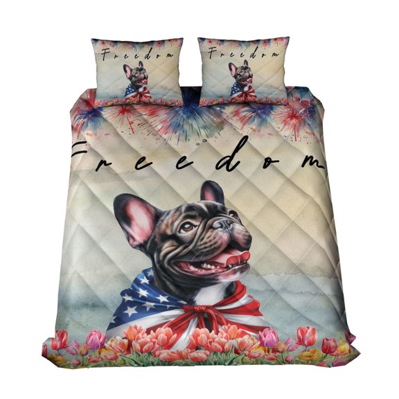 Freedom French Bulldog on Independence Day 4th of July Quilt Bedding Set Dog Lover Gifts 1 Blanket Bed Cover 2 Pillowcases - 01005