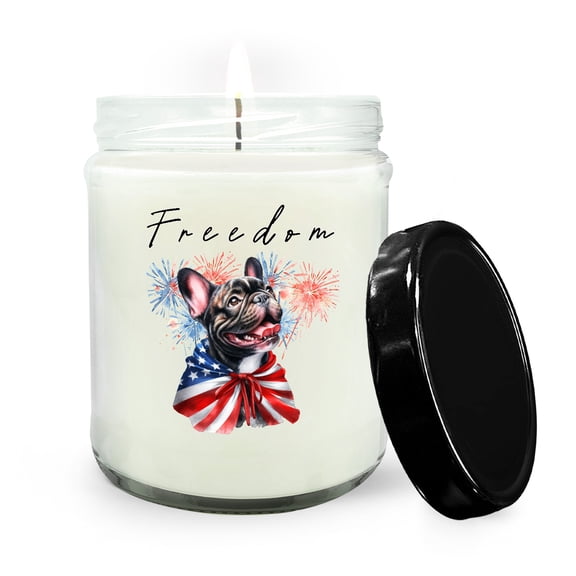 Freedom French Bulldog on Independence Day 4th of July Soy Wax Candle Dog Lover Gifts 16oz White Vanilla Candle - 01005