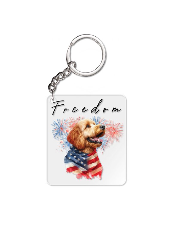 Freedom Goldendoodle on Independence Day 4th of July Acrylic Keychain Doodle Dog Lover Gifts Idea Collar Charm Tag Keyring - 01005