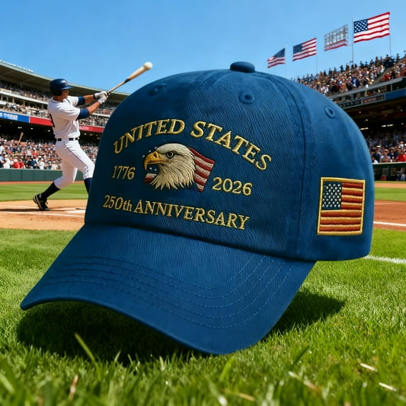 Freedom Hat 250th Anniversary Commemorative Cap, Eagle & Flag Embroidery, Comfortable Breathable Cotton Baseball Style, Navy Blue Color