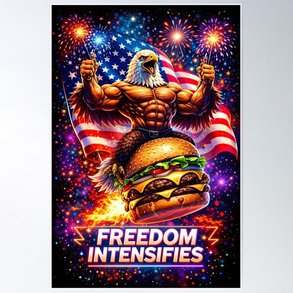 Freedom Intensifies Patriotic Burger USA Design Pop Art Satire, Unframed Poster