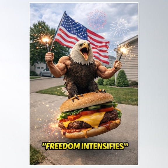 Freedom Intensifies Patriotic Riding Cheeseburger with Fireworks Pop Art Meme, Unframed Poster