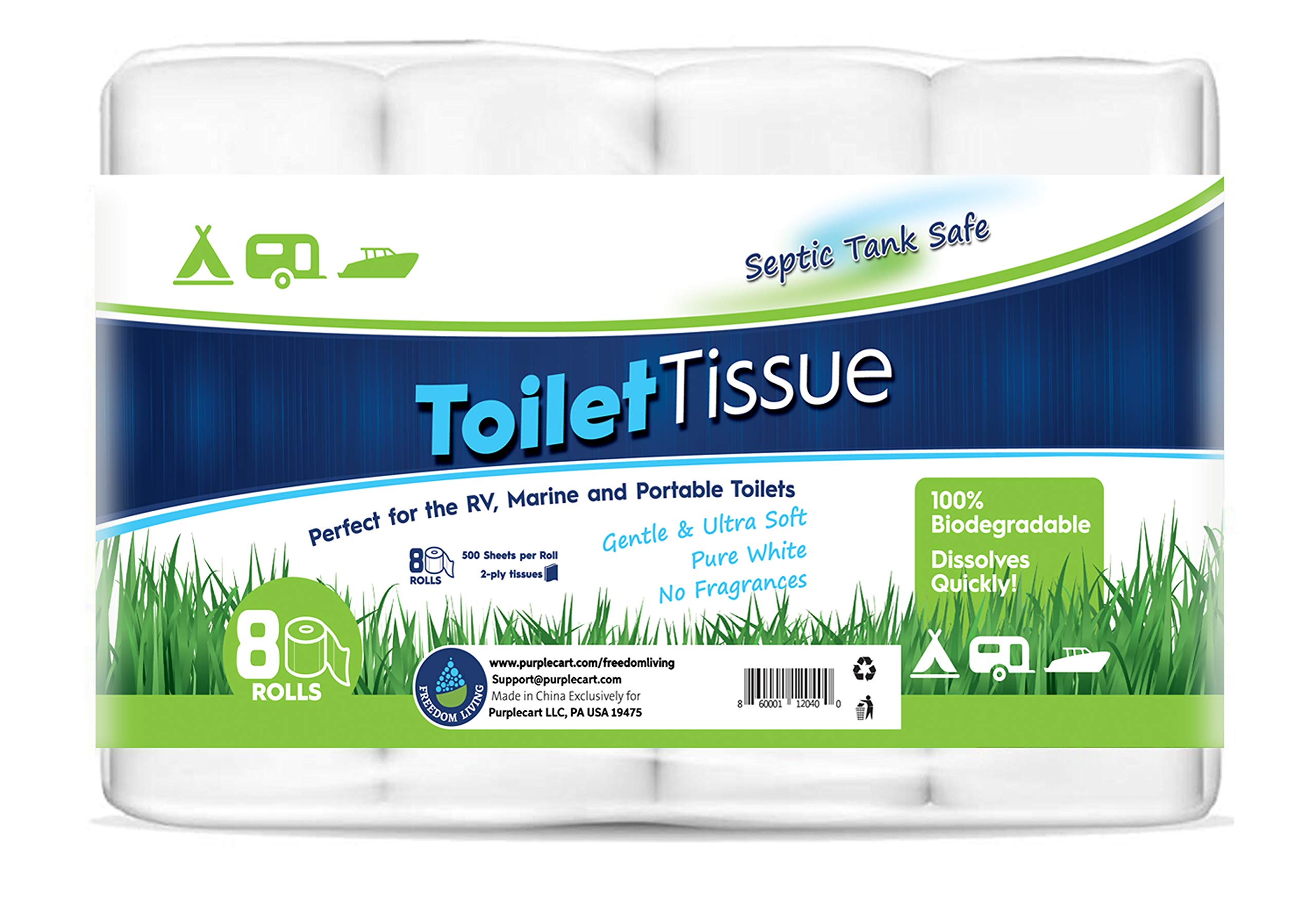 Freedom Living RV Toilet STF9 Paper (2Ply, 8 Rolls, 500 sheets each