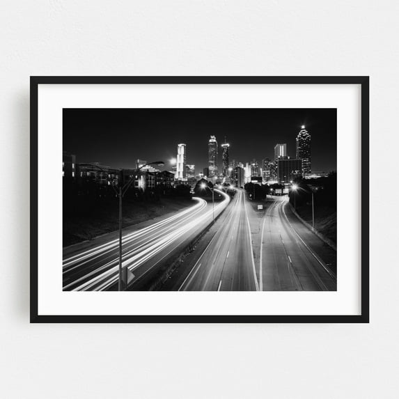 Freedom Parkway Traffic B&W - Atlanta Georgia Photography Black and White City Skyline Nightlife Street Photography Architecture Night Sky Black Framed Wall Art Print 5 x 7 inches
