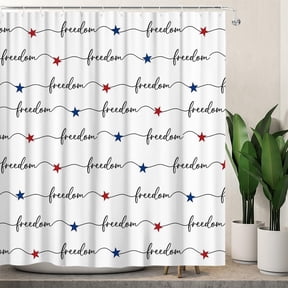Freedom Patriotic Shower Curtain 72x72 Inches, Red Blue Stars Cursive Script Design, Polyester Fabric with 12 Hooks, USA Independence Day Bathroom Decor