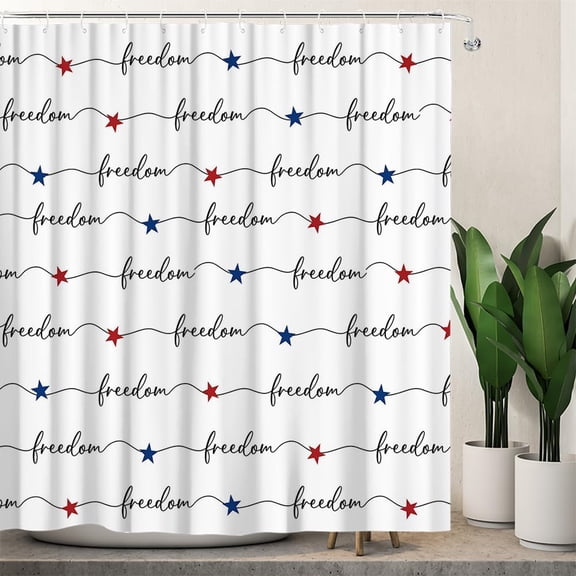 Freedom Patriotic Shower Curtain 72x72 Inches, Red Blue Stars Cursive Script Design, Polyester Fabric with 12 Hooks, USA Independence Day Bathroom Decor
