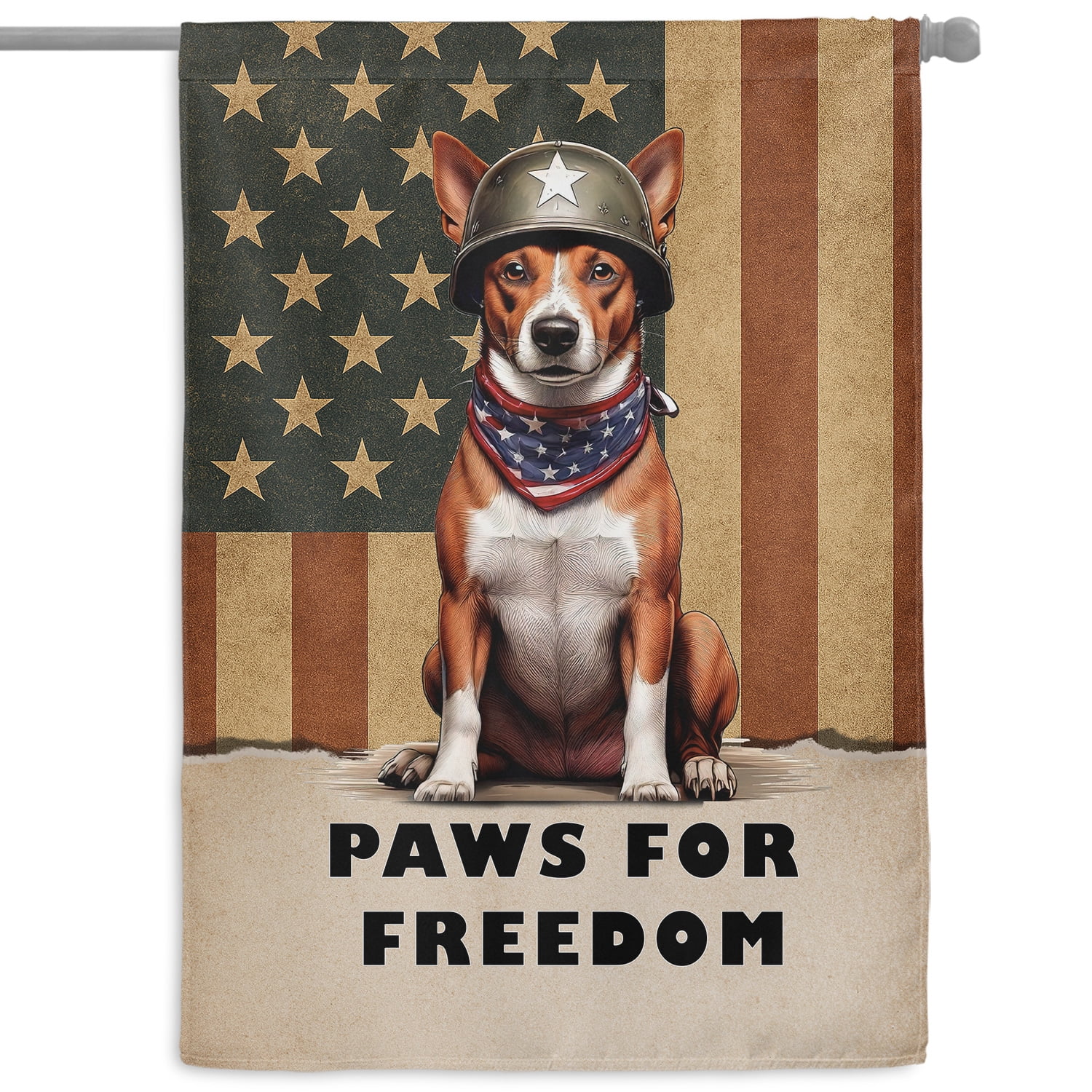 Freedom Paws Patriotic Basenji Vintage Memorial Day House Flag 28x40in Double Sided African Barkless Dog Lover Outdoor Decor - 12006