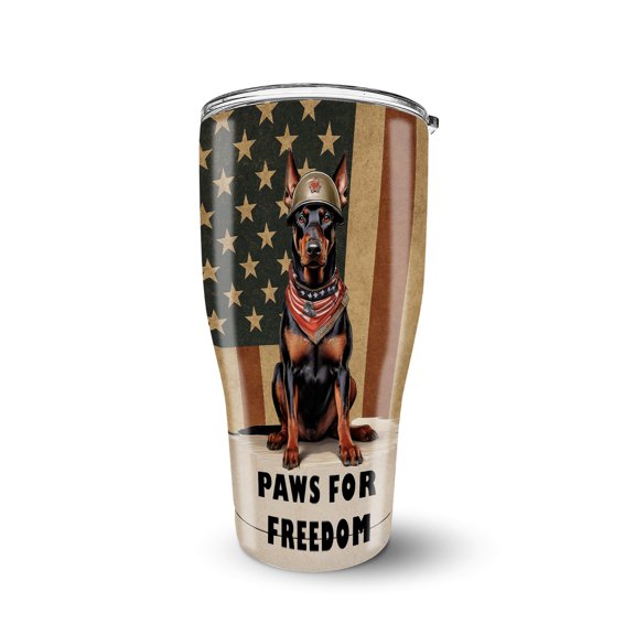 Freedom Paws Patriotic Doberman Pinscher Vintage Memorial Day 30oz Stainless Steel Tumbler Insulated Cup with Lid Doberman Dog Lover Gifts - 12006