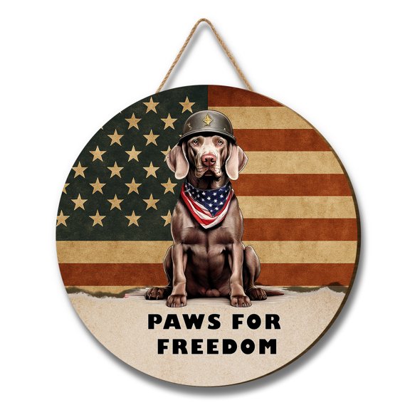 Freedom Paws Patriotic Weimaraner Vintage Memorial Day Round Wood Sign Weim Gray Ghost Dog Lover Hanging Wall Home Decor - 12006