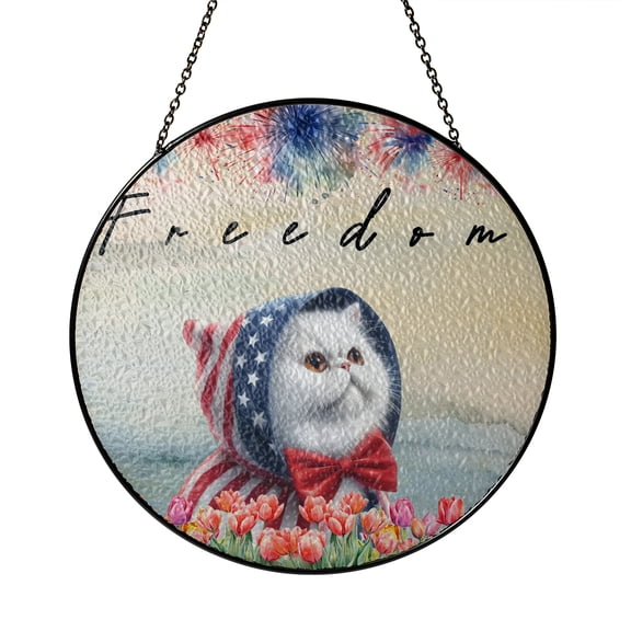 Freedom Persian on Independence Day 4th of July Stained Glass Suncatcher Cat Lover Kitten Owner Gifts Window Hanging Sign Decor - 01005