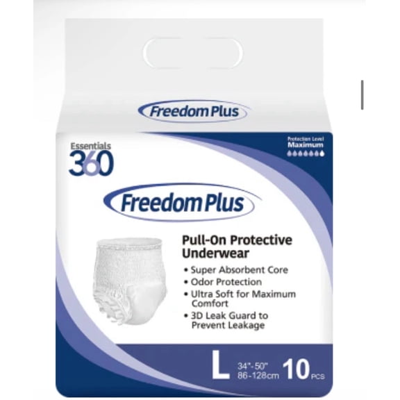 Freedom Plus ESSENTIAL360 Adult Underwear, Size L, 10 Pack