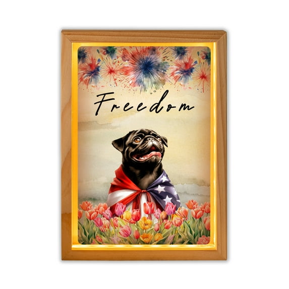 Freedom Pug on Independence Day 4th of July Acrylic Plaque with Wood Photo Frame Box Dog Lover Gifts Light Box - 01005