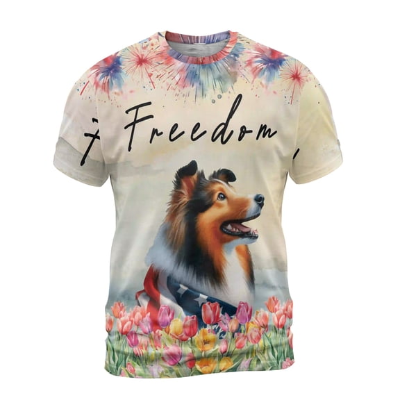 Freedom Shetland Sheepdog on Independence Day 4th of July All Over Print 3D Shirt Unisex Merch Sheltie Dog Lover Gifts - 01005
