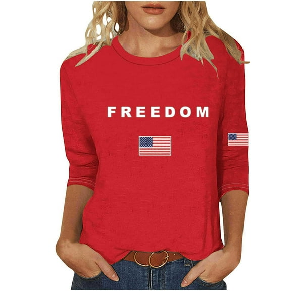 Freedom Shirt for Women, Women's Freedom Tshirt Unisex Crewneck 3/4 Sleeve Letter Print Graphic Tees Shirts