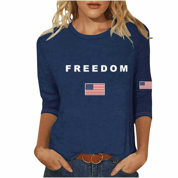 Freedom Shirt for Women, Women's Freedom Tshirt Unisex Crewneck 3/4 Sleeve Letter Print Graphic Tees Shirts