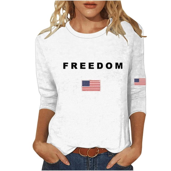 Freedom Shirt for Women, Women's Freedom Tshirt Unisex Crewneck 3/4 Sleeve Letter Print Graphic Tees Shirts