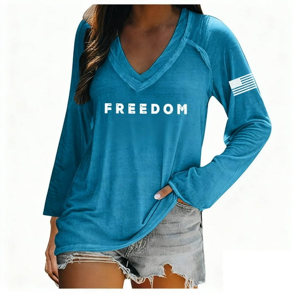 Freedom Shirts for Women Oversized Patriotic V Neck Long Sleeve Breathable Thin Fashion Top Tee Apparel Casual Comfort Fit Daily Wear