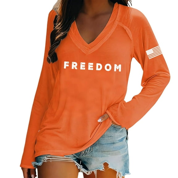 Freedom Shirts for Women Oversized Patriotic V Neck Long Sleeve Breathable Thin Fashion Top Tee Apparel Casual Loose Fit Daily Wear