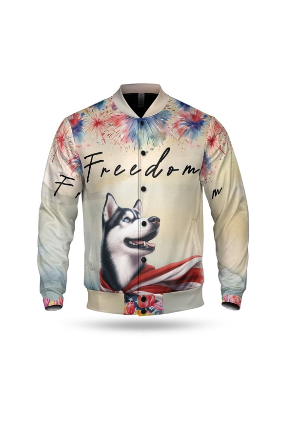 Freedom Siberian Husky on Independence Day 4th of July All Over Print 3D Baseball Jacket Husky Dog Lover Gifts Bomber Jacket Softball - 01005