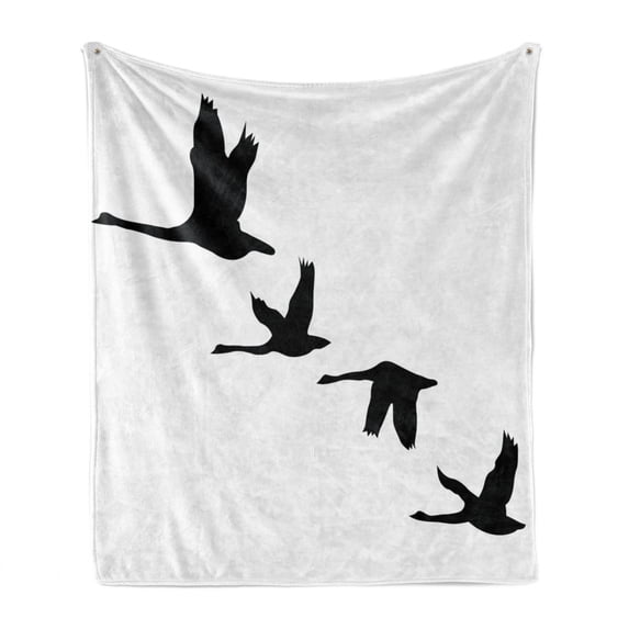 Freedom Soft Flannel Fleece Blanket, Silhouette of Group of Flying Birds Gulls in the Sky Season Migration Themed Image, Cozy Plush for Indoor and Outdoor Use, 70" x 90", Black White, by Ambesonne
