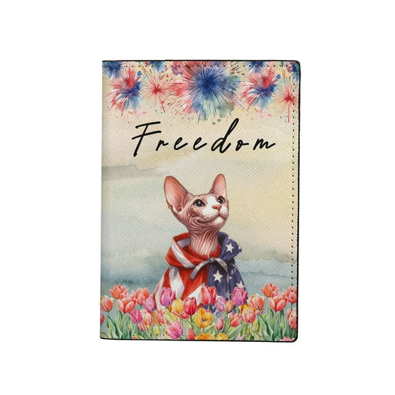 Freedom Sphynx on Independence Day 4th of July Travel Passport Wallet Cat Lover Kitten Owner Gifts Idea PU Leather Passport Holder Cover - 01005