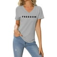 thumbnail image 1 of Freedom T Shirt Women V Neck Short Long Sleeve Letter Prints Basic Top Fashion Tee Breathable Stretch Classic Casual Loose Fit Daily Wear, 1 of 5
